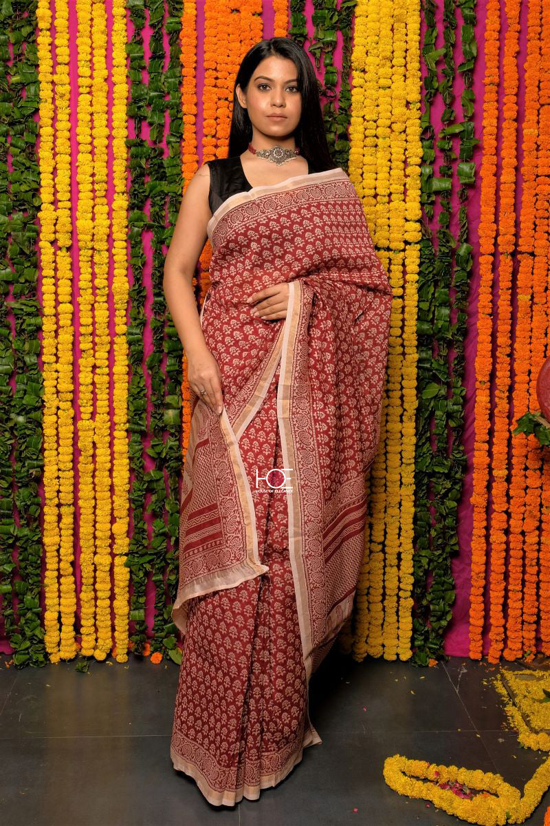 Red Floret Chanderi Silk Bagh Print Saree: House Of Elegance