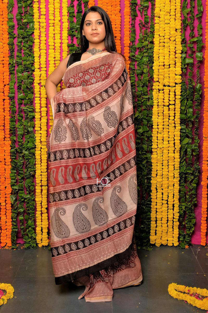 Maroon Chanderi Silk Bagh Print Saree by House Of Elegance