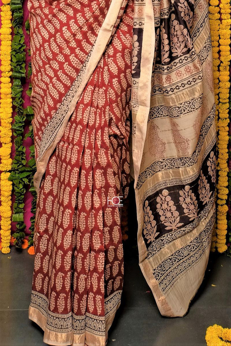 Red Buti Chanderi Silk Bagh Print Saree by House Of Elegance