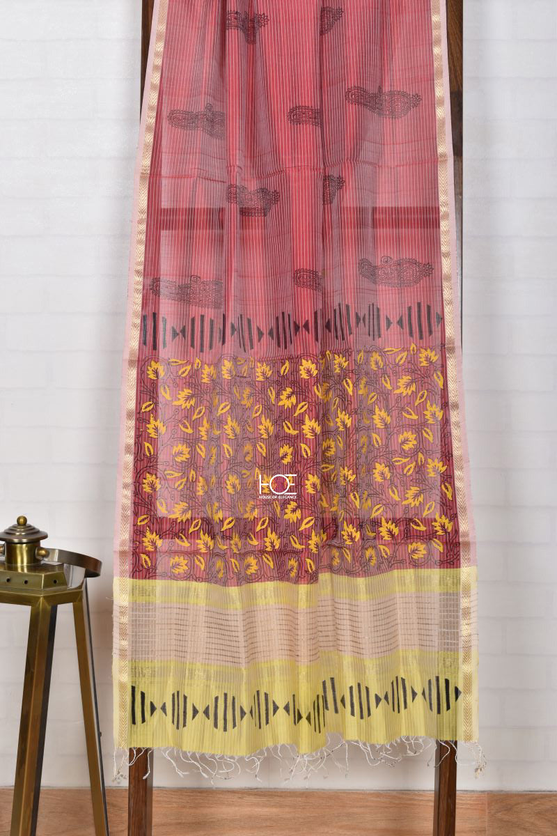 Magenta Blush on Yellow / SiCo | Maheshwari Hand Block | 2 Pcs Suit - Handcrafted Home decor and Lifestyle Products