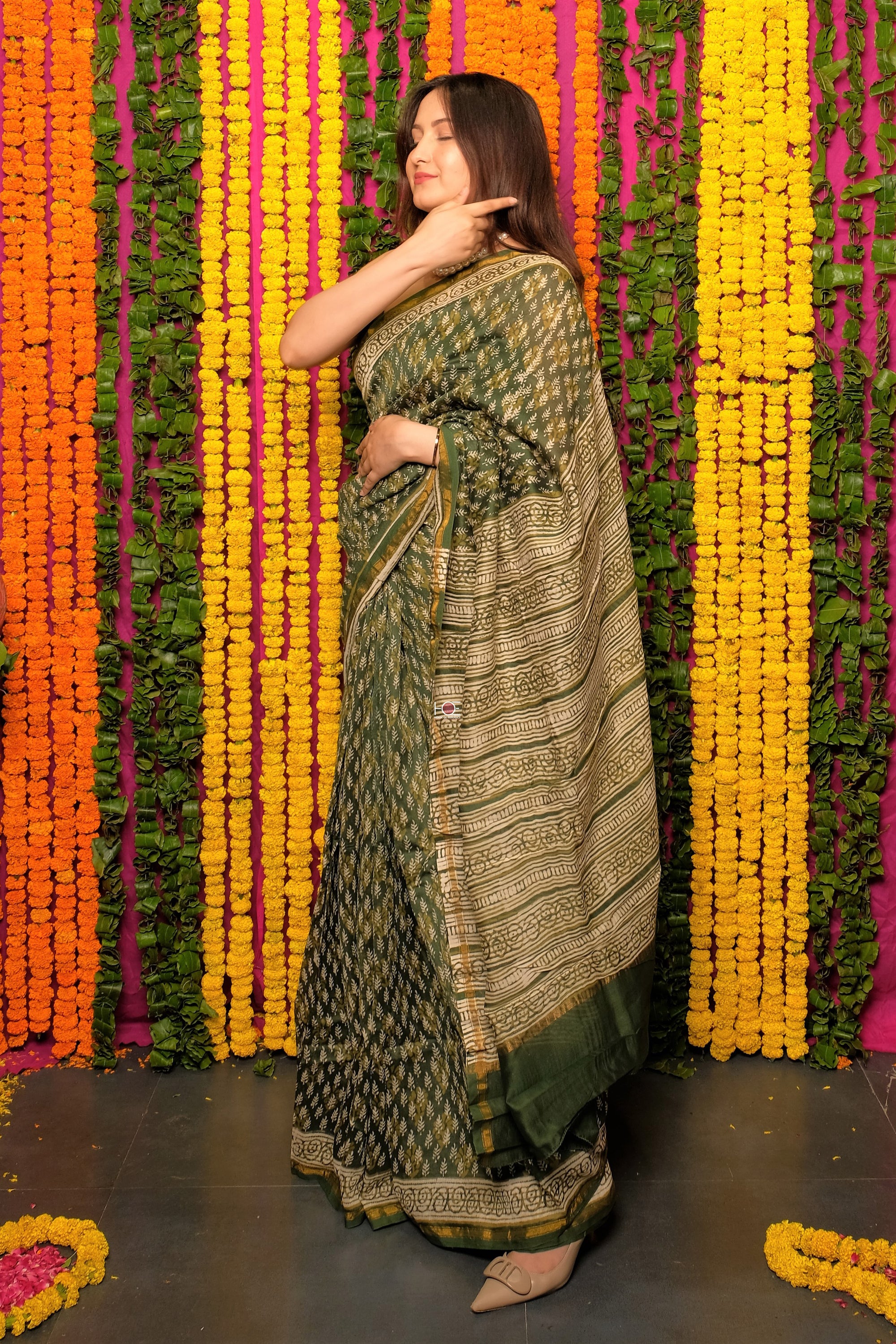 Green Bagru Dabu Print Chanderi Silk Saree: House Of Elegance