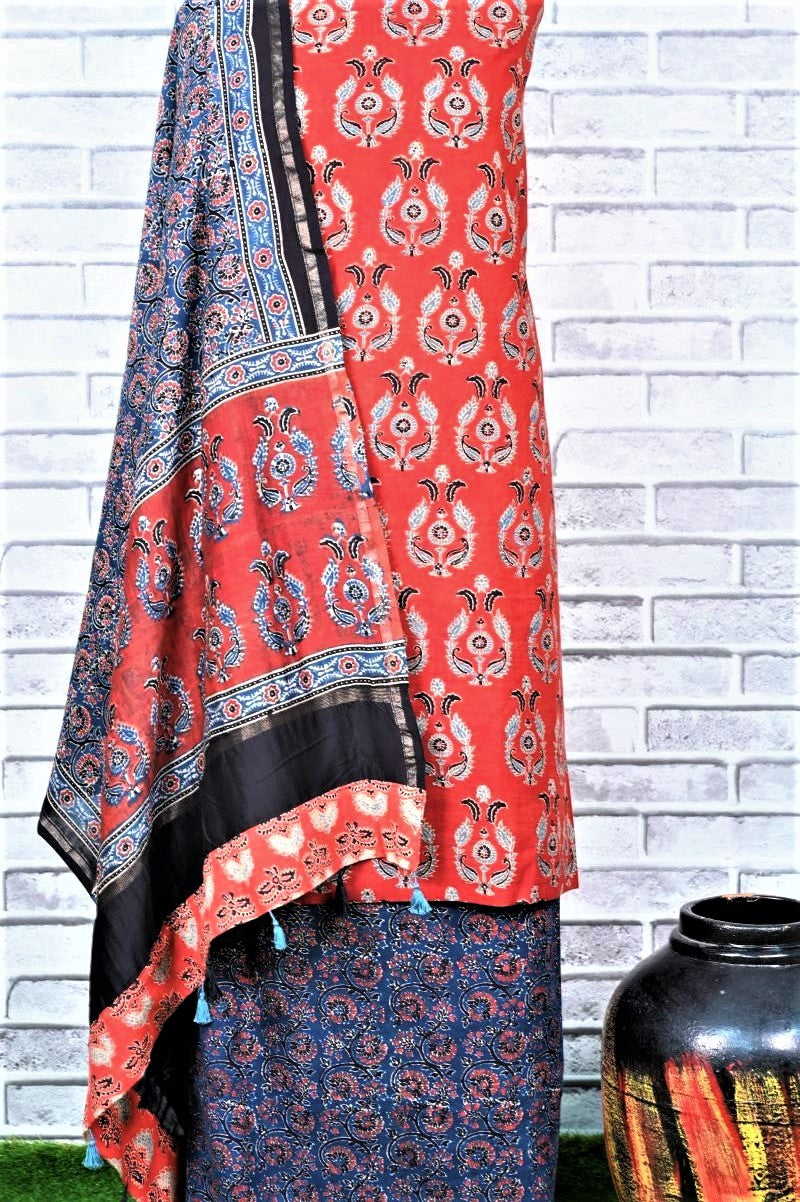 Red Indigo Unstitched Cotton Chanderi Ajrakh Print Suit