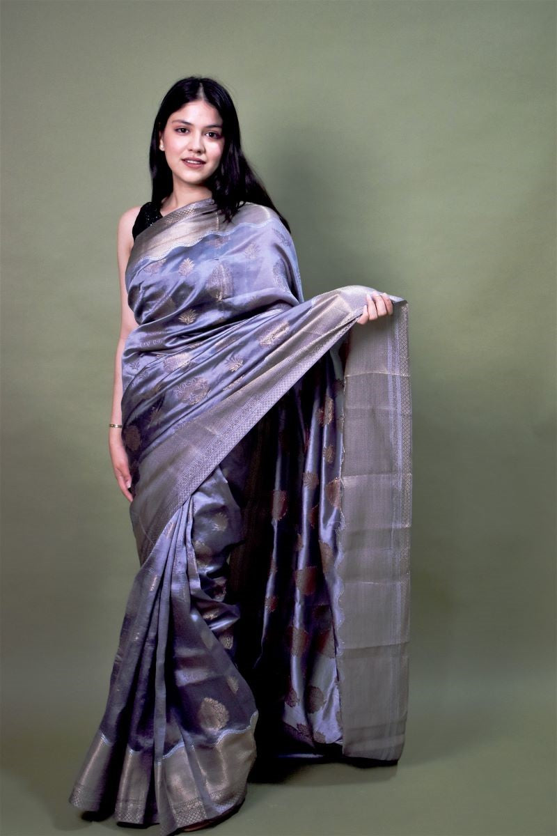 Buy Silver Grey Tissue Saree online-Karagiri