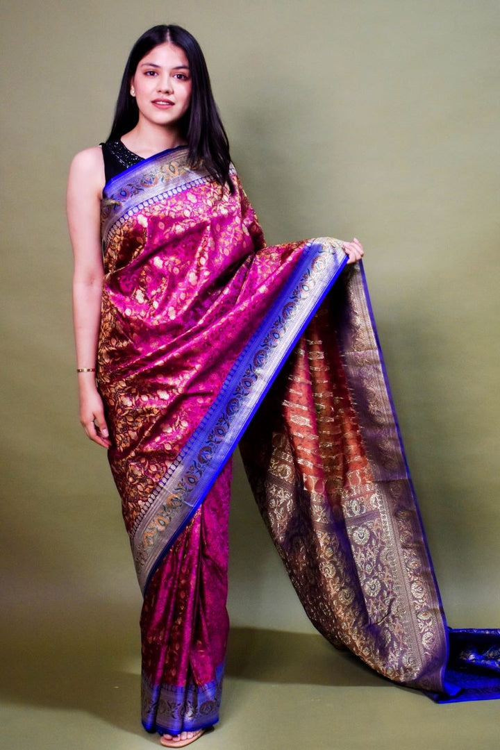 Magenta Blue Tanchoi Jamawar Silk Saree By House Of Elegance