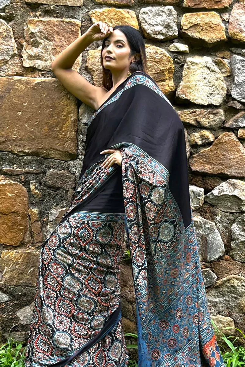Buy Black String Ajrakh Modal Silk Saree Online - House Of Elegance