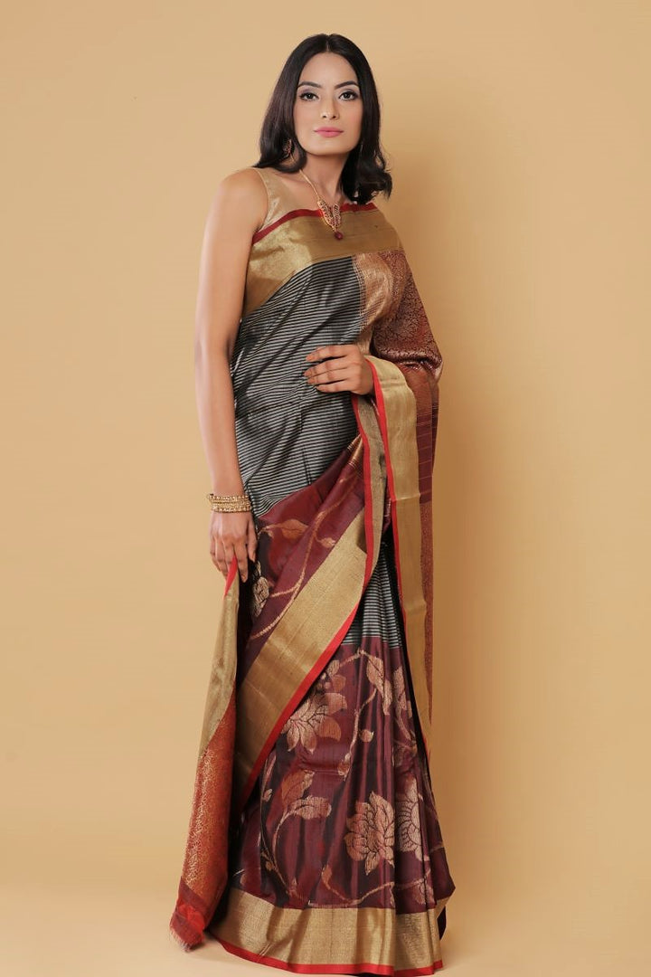 Black Maroon Banarasi Tussar Silk Saree by House of Elegance