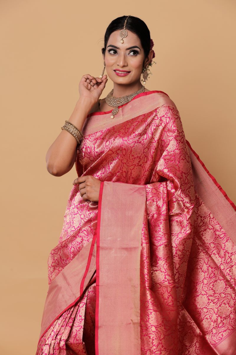 Rose Gold Banarasi Katan Silk Saree