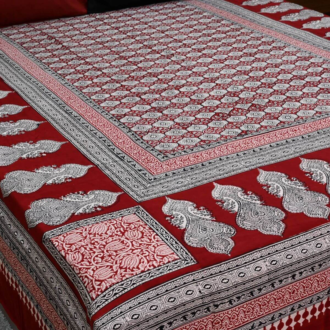 Red Bagh Print Glace Cotton Bedsheet Set 