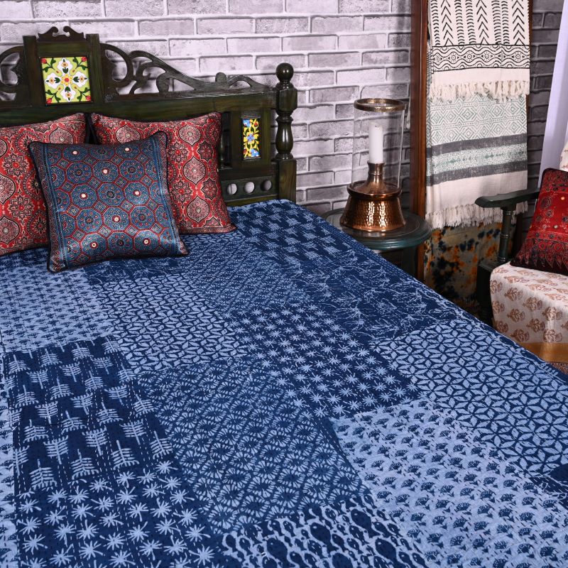ajrakh-print-kantha-stitch-bed-cover