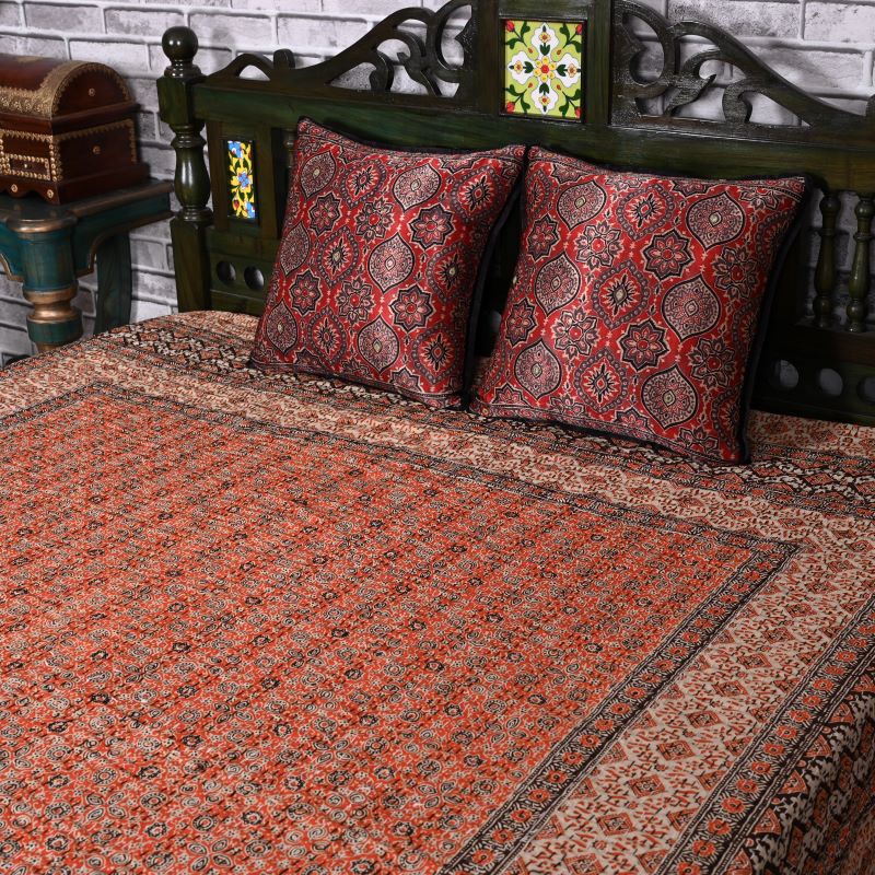 ajrakh-print-cotton-quilted bedcover-kantha
