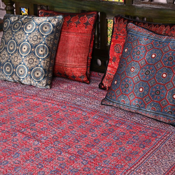 red-ajrakh-print-kantha-stitch-bed-cover