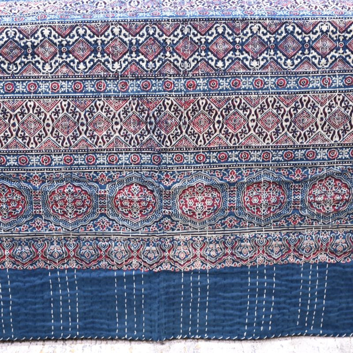 indigo-ajrakh-print-quilted bedcover-kantha-bedspread