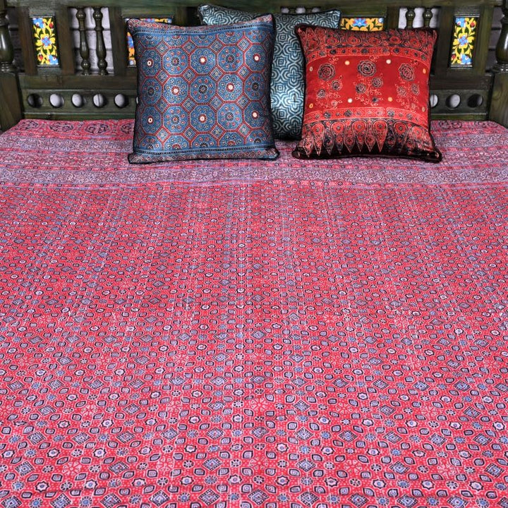 red-ajrakh-print-kantha-stitch-bed-cover