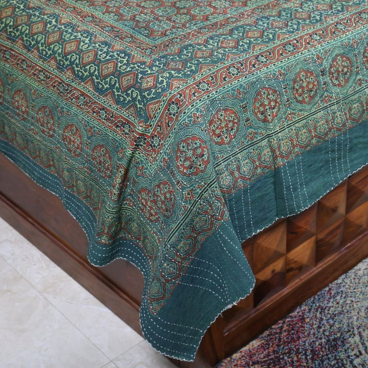 green-ajrakh-print-kantha-stitch-bed-cover