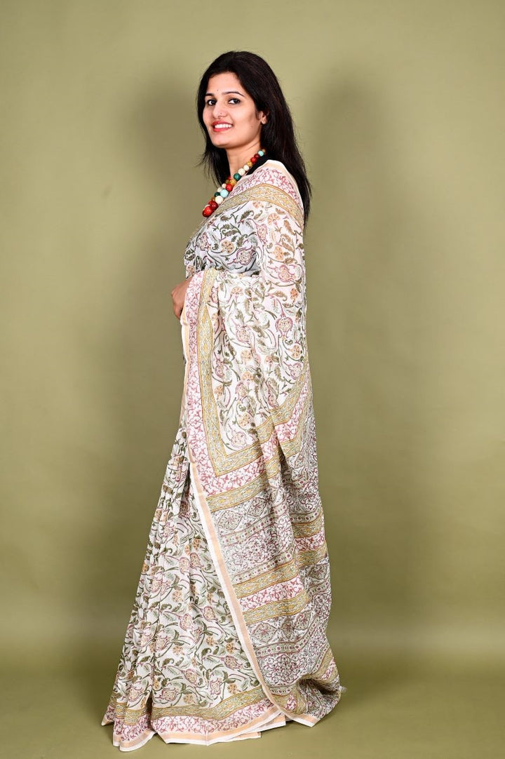 Ivory Jaal Hand Block Chanderi Silk Saree: House Of Elegance
