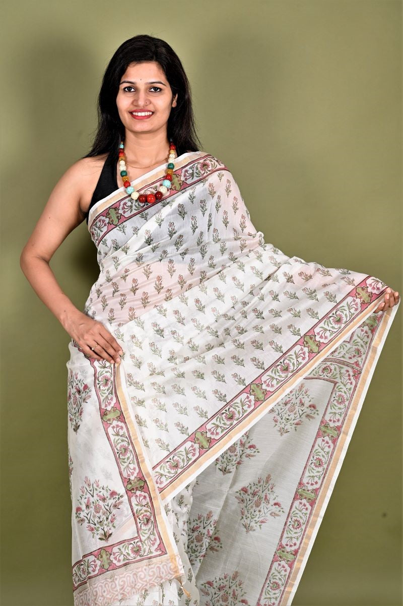 White Hand Block Print Chanderi Silk Saree: House Of Elegance