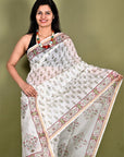 White Hand Block Print Chanderi Silk Saree: House Of Elegance