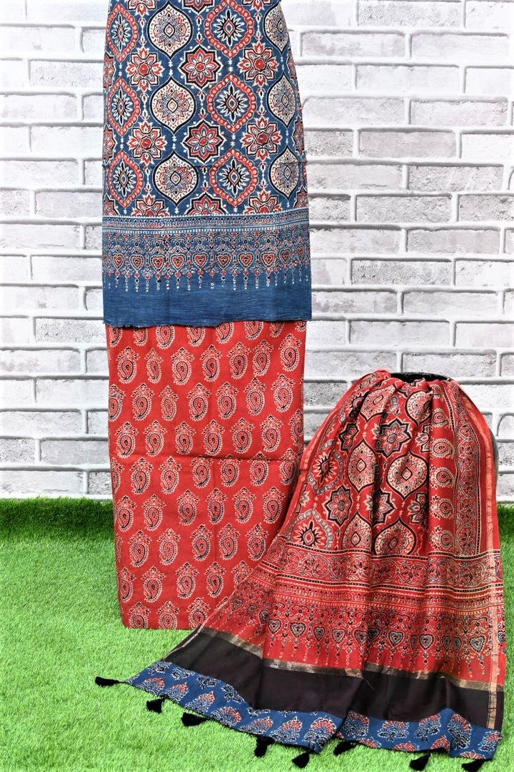 Indigo Red Paisley Unstitched Cotton Chanderi Ajrakh Print Suit