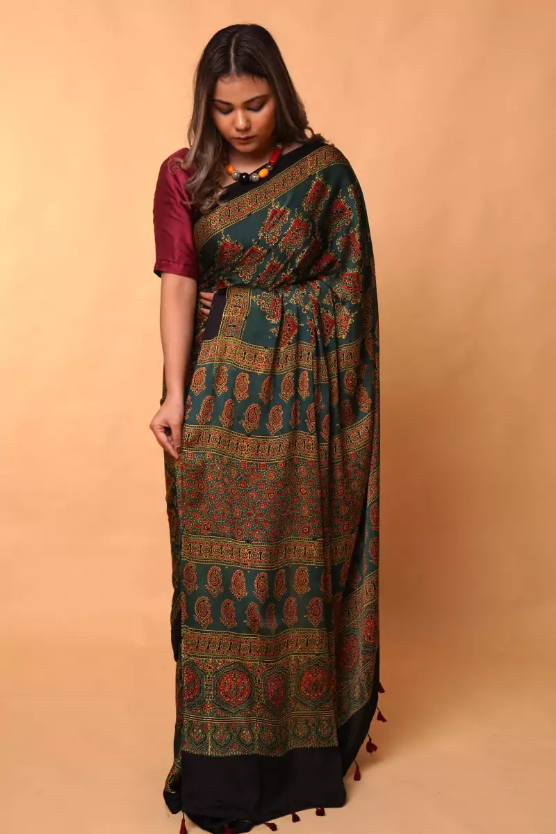 Hand Block Printed Green Ajrakh Modal Silk Saree