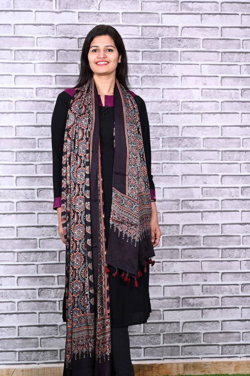 Black String Paisley Modal Silk Ajrakh Dupatta