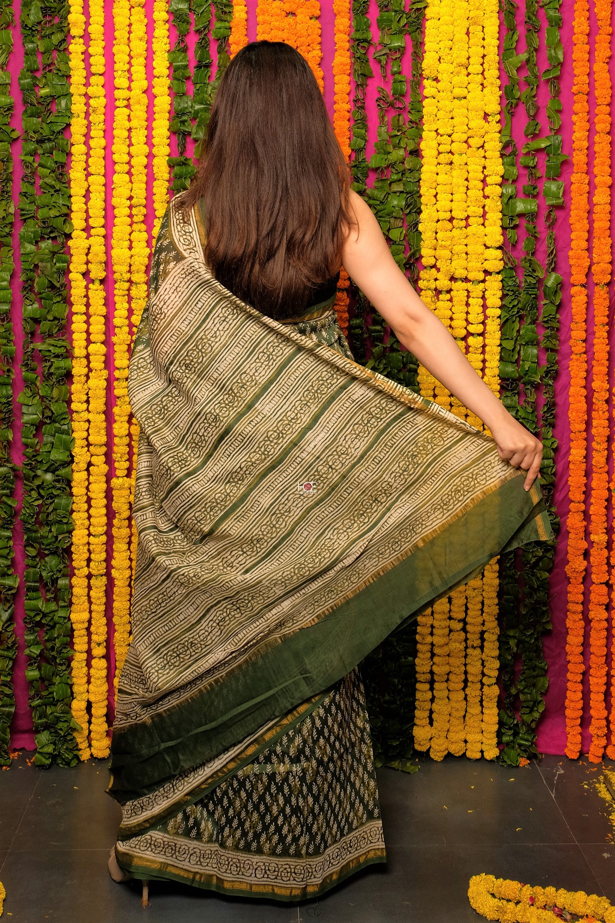 Green Bagru Dabu Print Chanderi Silk Saree: House Of Elegance