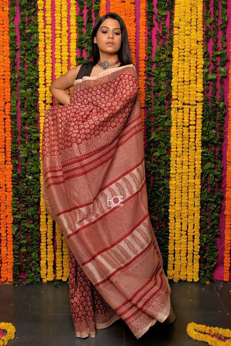 Red Floret Chanderi Silk Bagh Print Saree: House Of Elegance