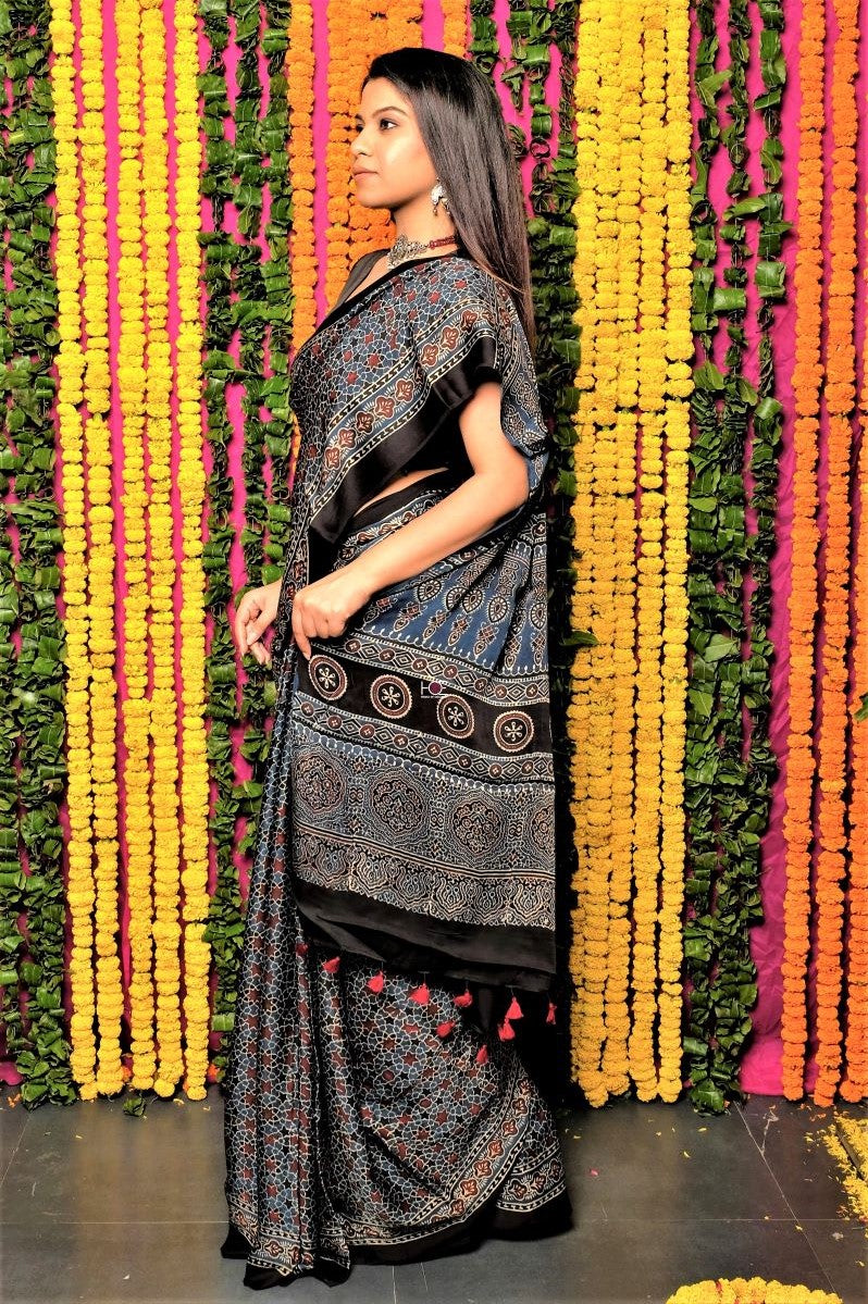 Indigo ajrakh printed modal silk sarees
