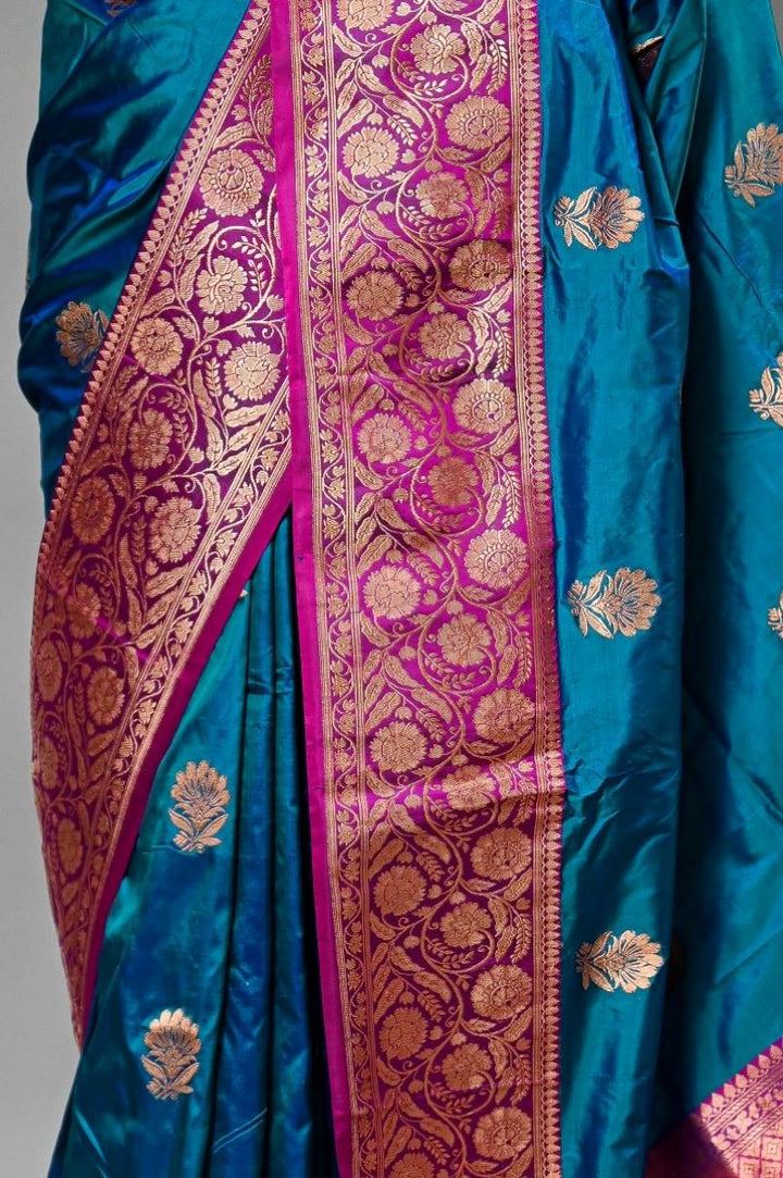 Starry Blue Magenta Pure Katan Silk Banarasi Handloom Saree