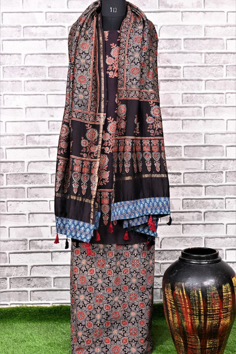 Black Corsage Unstitched Cotton Chanderi Ajrakh Print Suit