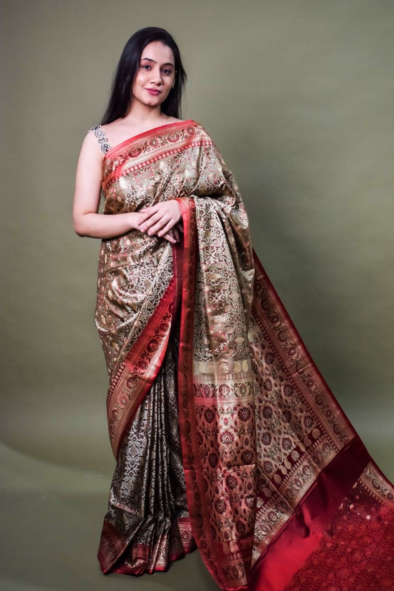 Golden Red Pure Tanchoi Jamawar Silk Saree: House Of Elegance