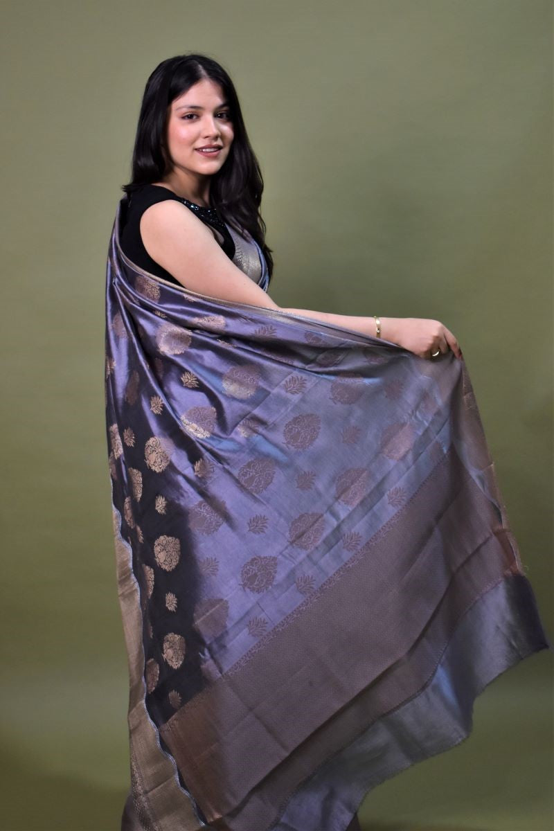 Grey Handloom Banarasi Chiniya Silk Saree: House Of Elegance