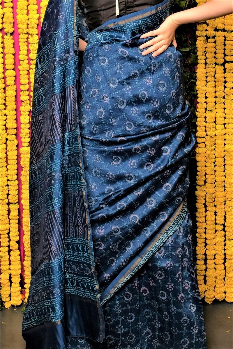Indigo Dabu Print Chanderi Silk Saree: House Of Elegance