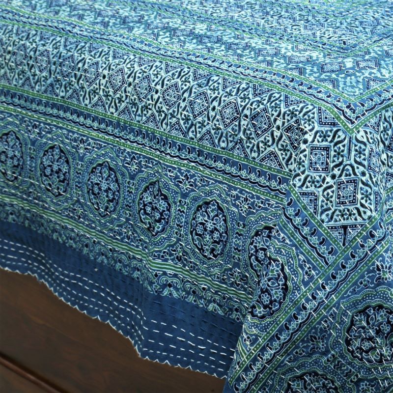 blue-green-ajrakh-print-cotton-quilted bedcover-kantha