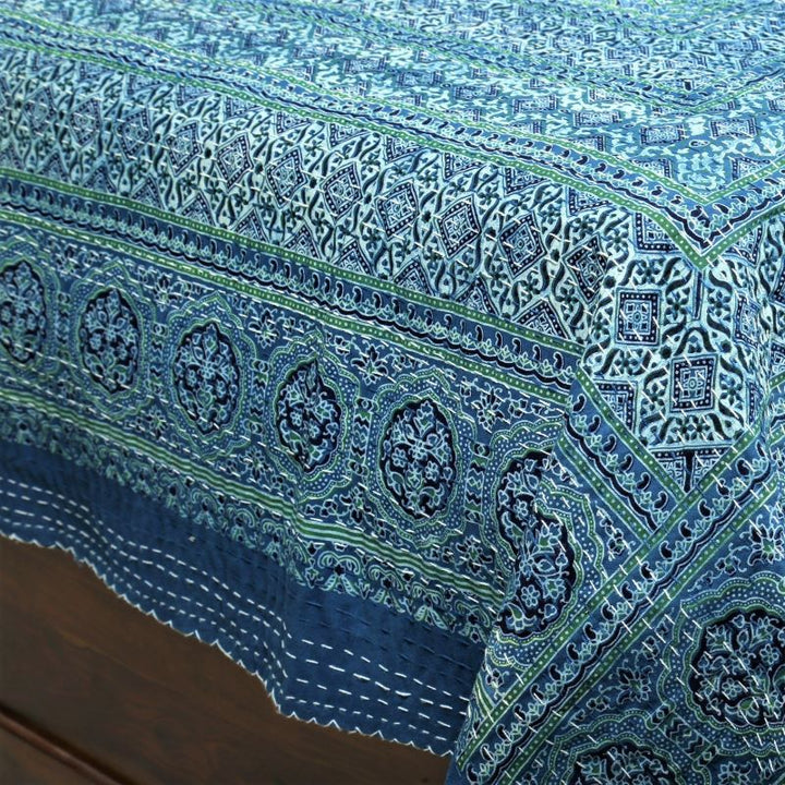blue-green-ajrakh-print-cotton-quilted bedcover-kantha