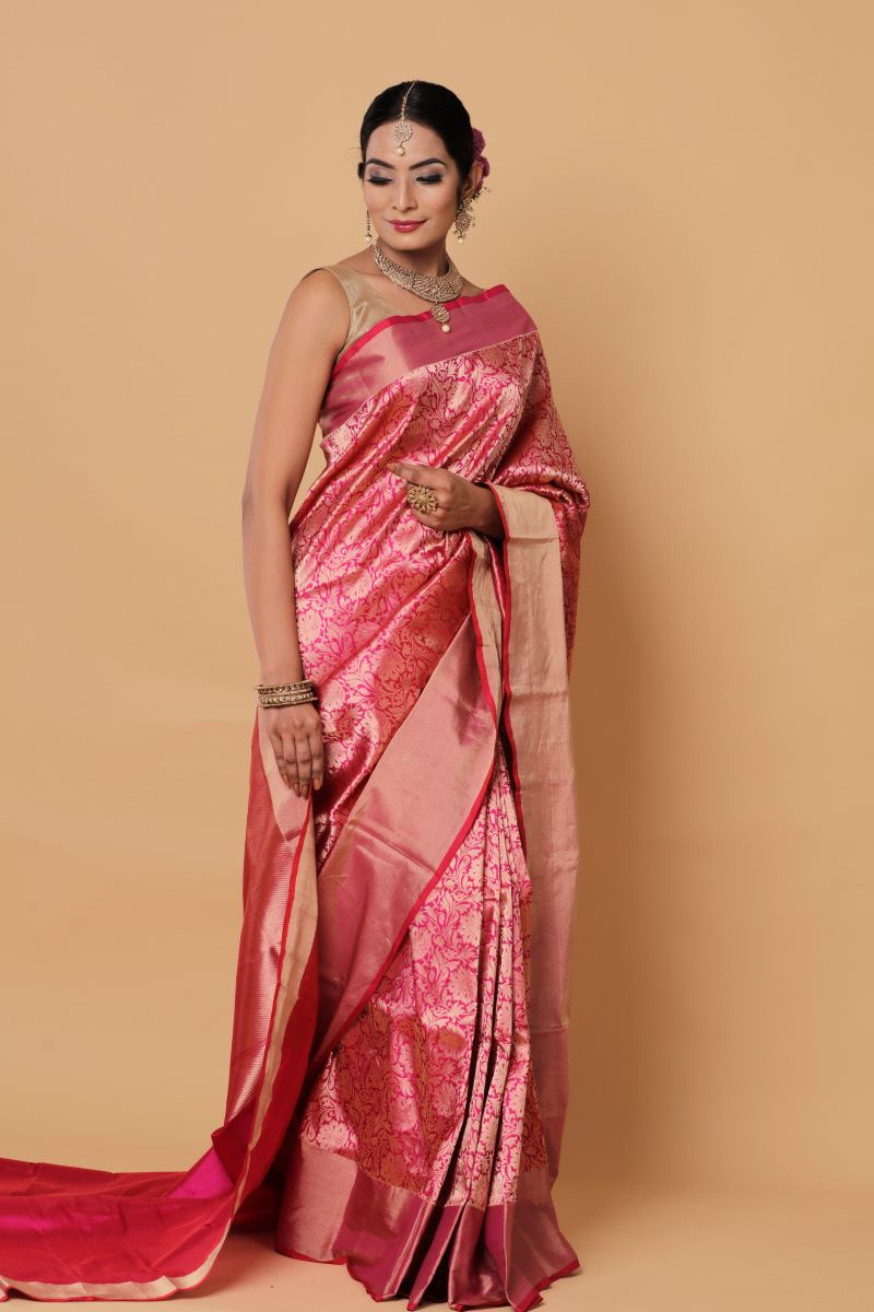 Rose Gold Banarasi Katan Silk Saree
