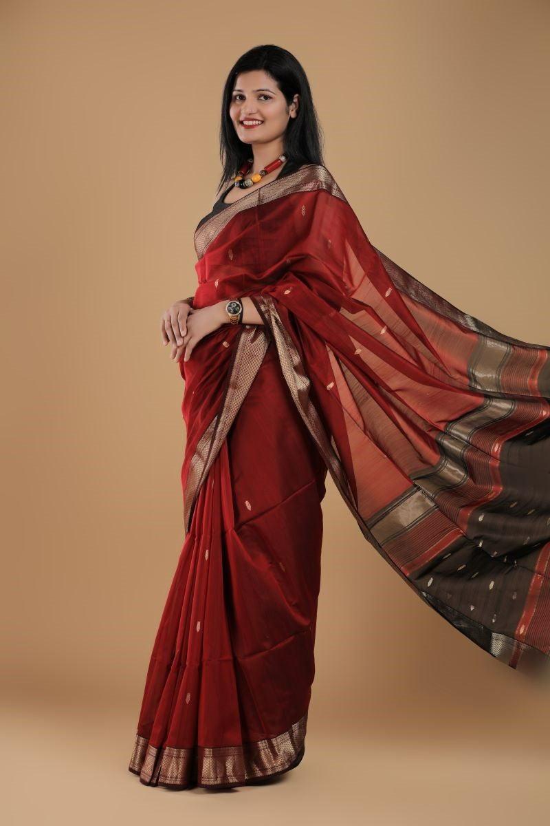 Lustrous black print and maroon Cotton combination saree with Exclusiv –  Sujatra