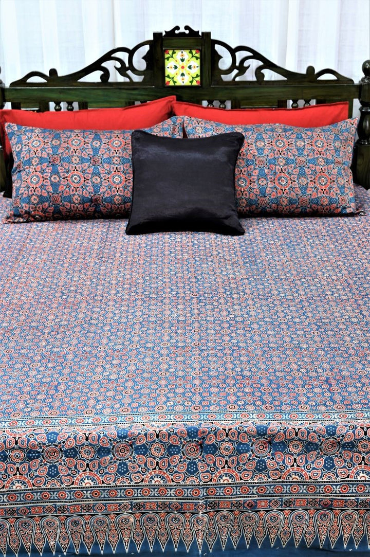Blue-Ajrakh-print-bedsheet-cotton-bed-linen