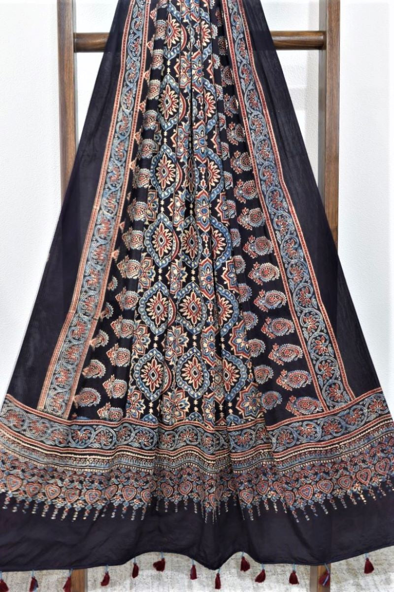 Black String Paisley Modal Silk Ajrakh Dupatta