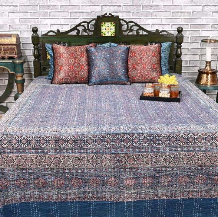indigo-ajrakh-print-cotton-quilted bedcover-kantha