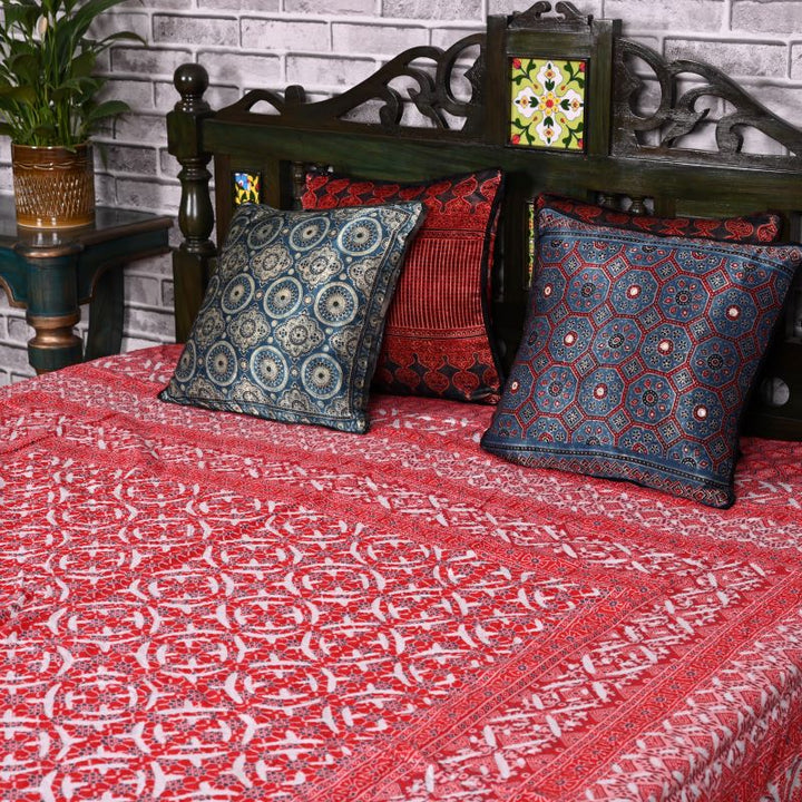 Red-Ajrakh-hand-block-print-Applique-Bedspread