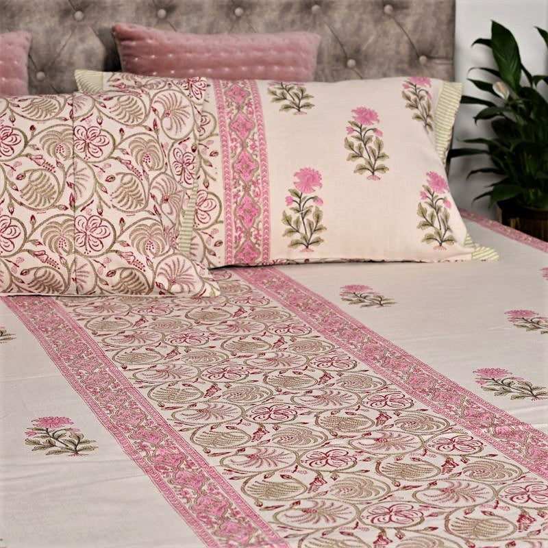 Online Bedding Store for Pink hand block print handloom cotton bedspread in slub fabric, 