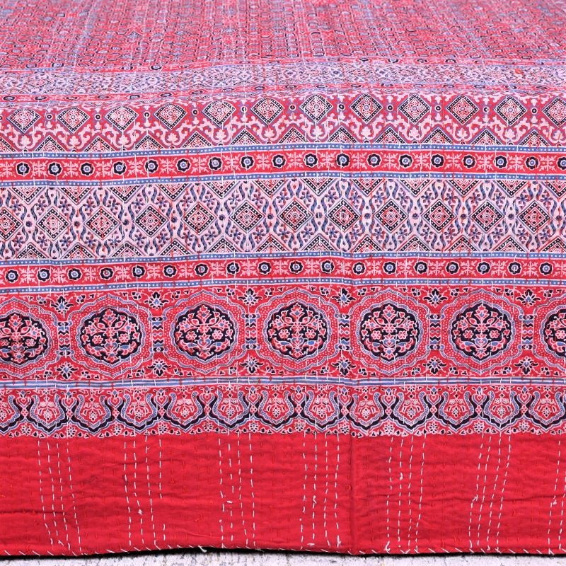 red-ajrakh-print-quilted bedcover-kantha-bedspread