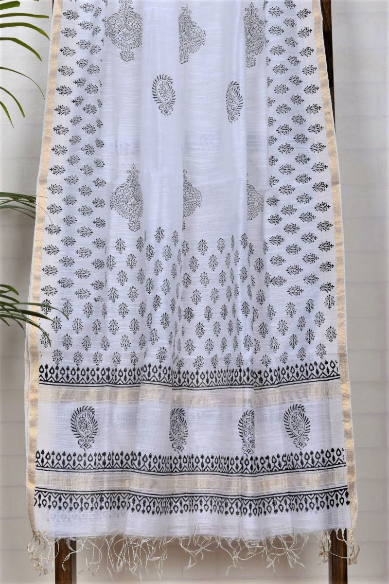 Black &amp; White Block Print Maheshwari Cotton Silk Dupatta