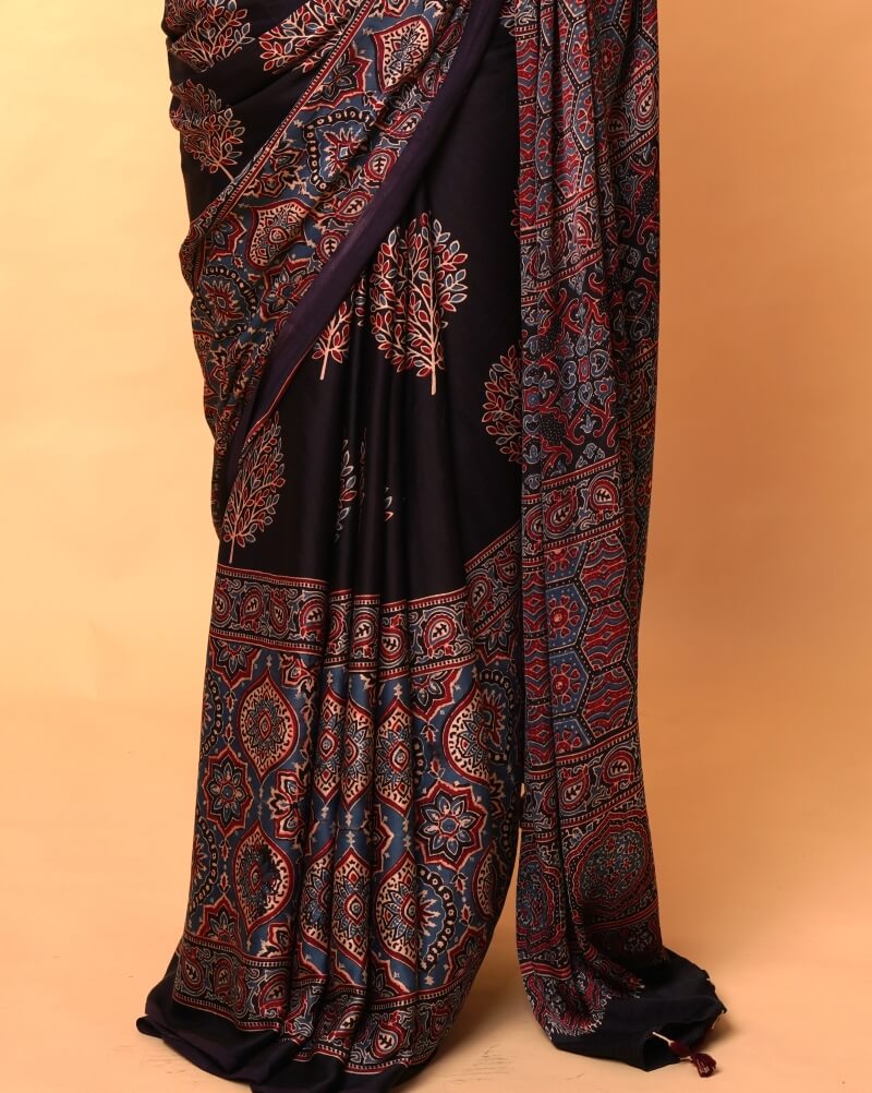 Black Modal Silk Ajrakh Saree