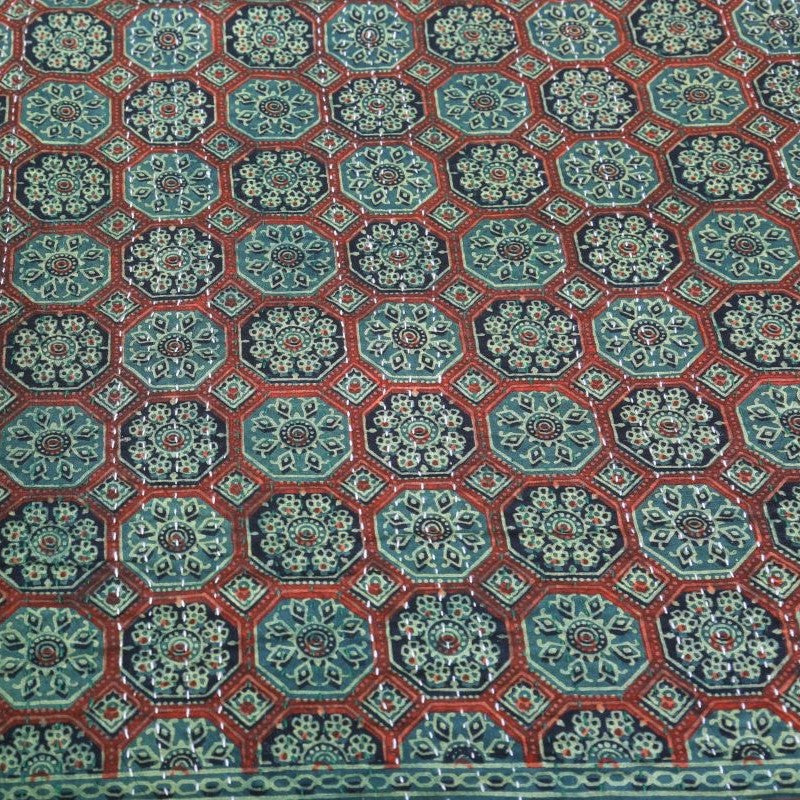 green-ajrakh-print-quilted bedcover-kantha-bedspread