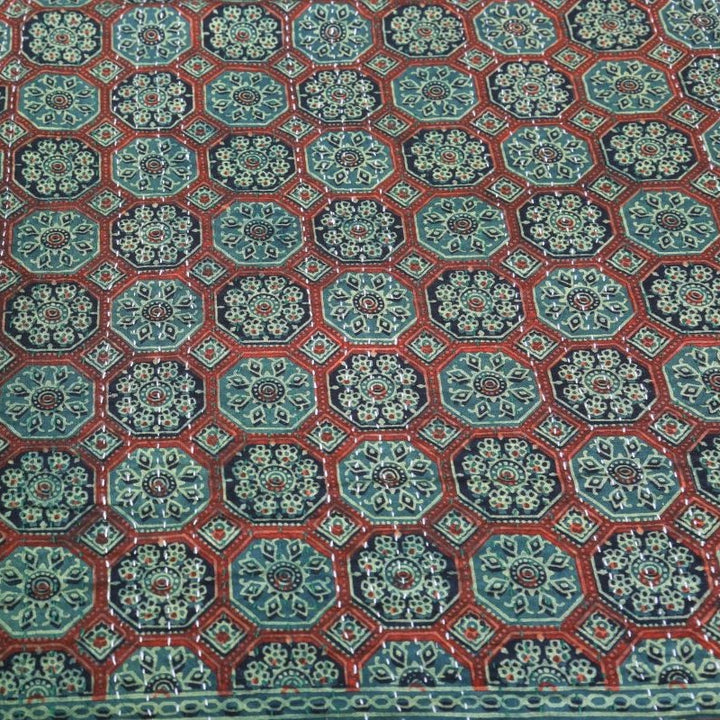 green-ajrakh-print-quilted bedcover-kantha-bedspread