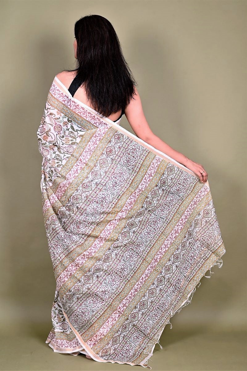 Ivory Jaal Hand Block Chanderi Silk Saree: House Of Elegance