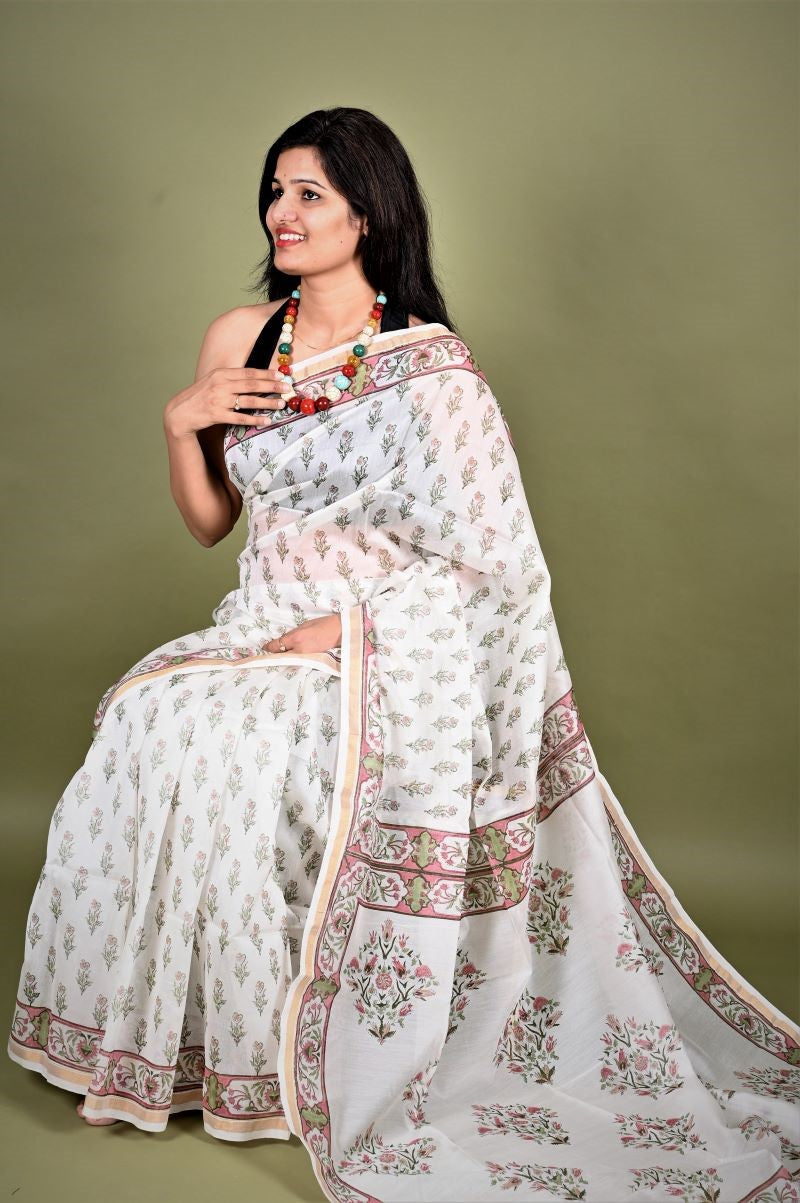 White Hand Block Print Chanderi Silk Saree: House Of Elegance