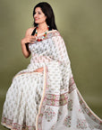 White Hand Block Print Chanderi Silk Saree: House Of Elegance