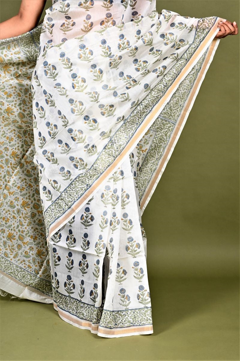 White Buta Hand Block Chanderi Silk Saree: House Of Elegance